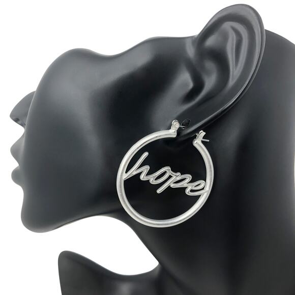 Matte Silver Hope Hoop Earrings - Picture 2 of 3